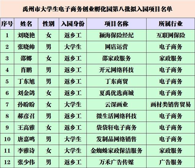 禹州市大学生电子商务创业孵化园第八批拟入园项目公示 禹州市大学生电子商务创业孵化园第八批拟入园项目公示