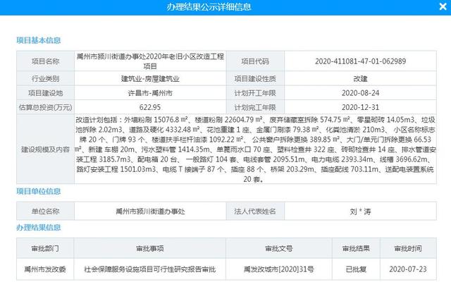禹州市颍川街道办事处2020年老旧小区改造工程项目 禹州市颍川街道办事处2020年老旧小区改造工程项目