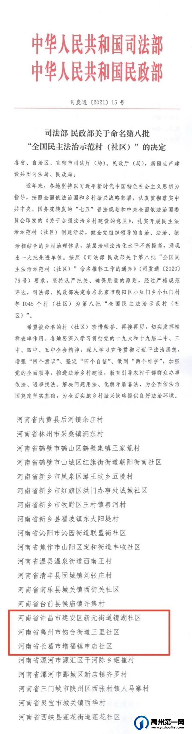 全国示范!禹州1个社区上榜!有你家吗? 全国示范!禹州1个社区上榜!有你家吗?