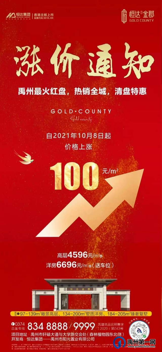 禹州恒达金郡10月8日起价格上涨100元/㎡