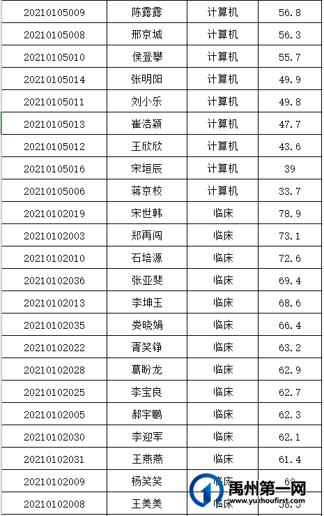 禹州市中心医院 2021年公开招聘人员笔试成绩公告