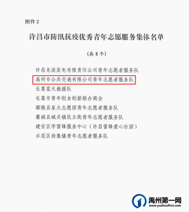 禹州公交荣获“许昌市防汛抗疫优秀青年志愿服务集体”荣誉称号 禹州公交荣获“许昌市防汛抗疫优秀青年志愿服务集体”荣誉称号
