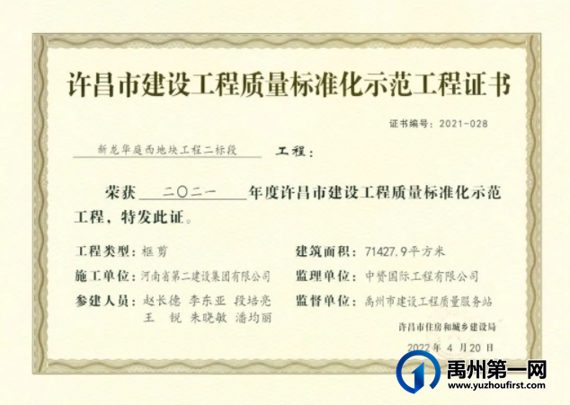 禹州新龙华庭西地块两个标段荣获许昌市建设工程质量标准化示范工程! 禹州新龙华庭西地块两个标段荣获许昌市建设工程质量标准化示范工程!