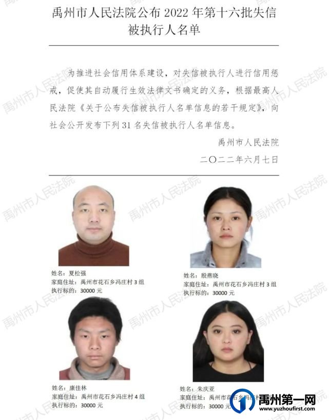 禹州市人民法院公布2022年第十六批失信被执行人名单
