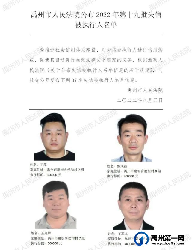 禹州市人民法院公布2022年第十九批失信被执行人名单