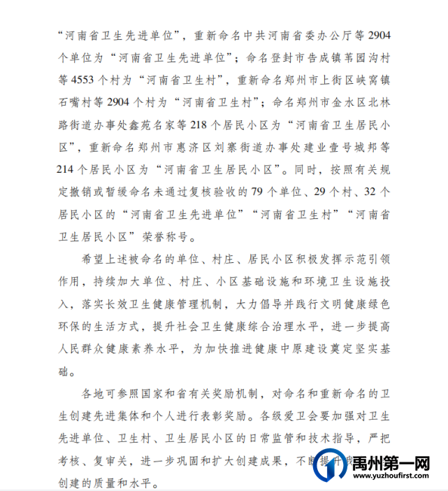 祝贺:禹州市一批乡镇、单位、村喜获省级荣誉! 祝贺:禹州市一批乡镇、单位、村喜获省级荣誉!