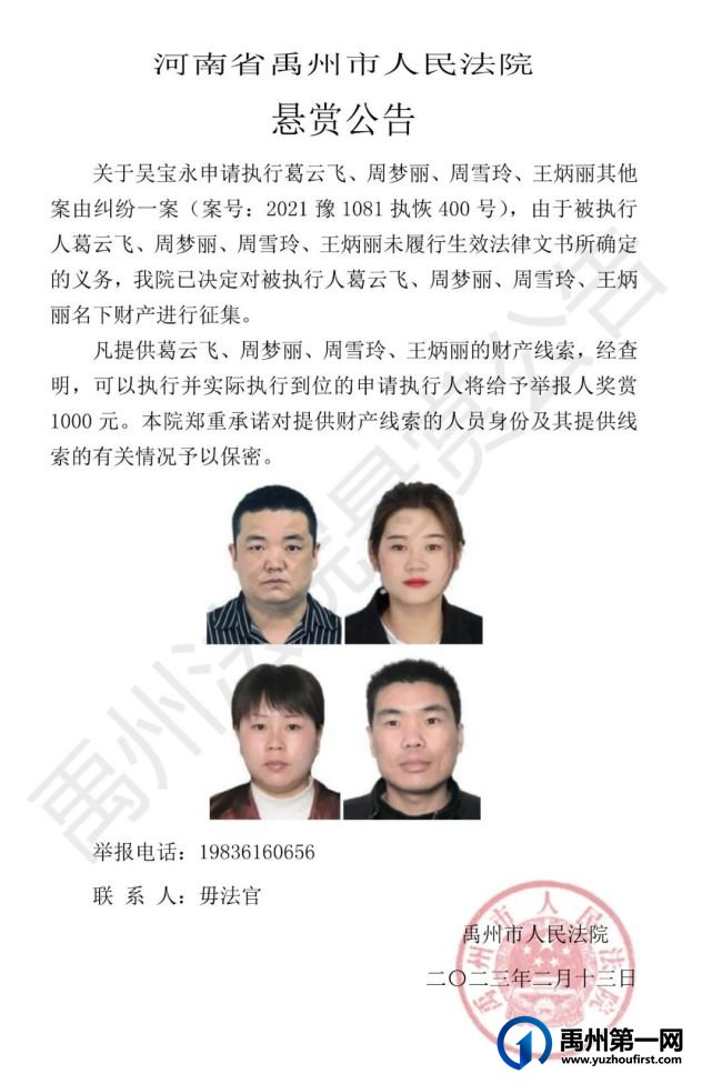 禹州法院决定对17人实施司法拘留、征集财产线索