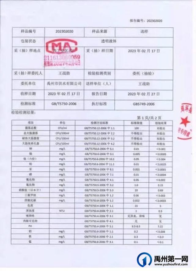 禹州市供水有限公司2月份水质检验报告公布！