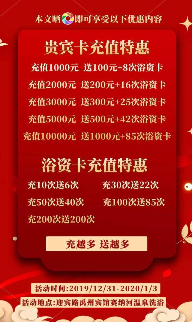 禹州宾馆赛纳河温泉洗浴元旦大酬宾，充值送送送